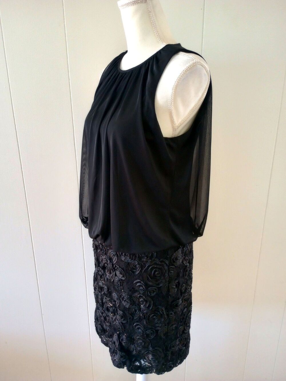 Blouson Dress Black Size 12 Sleeveless Textured Rosette Floral Holiday Party